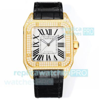 Swiss Clone Cartier Santos 100th Anniversary 2824 Watch Yellow Gold Diamond-Set 